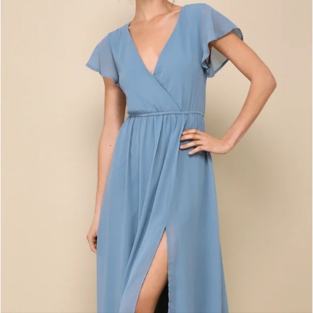 Lulus Maxi Dress Women XS Blue Flutter Sleeve Wrap Wedding Guest Formal Gown